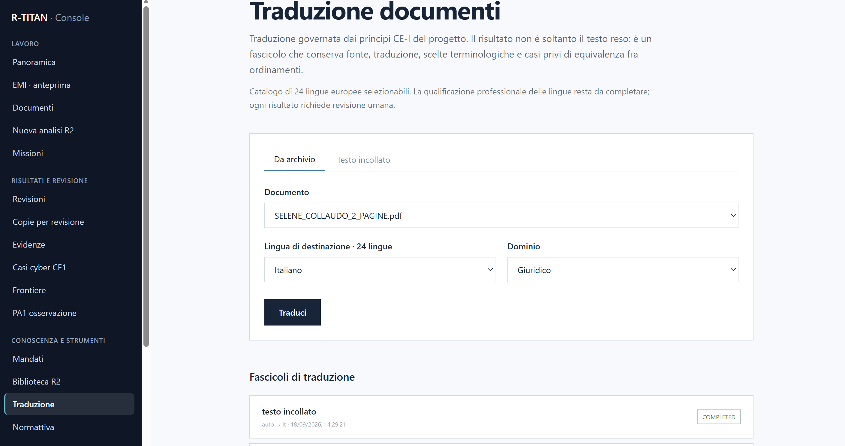 Schermata reale della traduzione governata: documento SELENE e catalogo di 24 lingue selezionabili